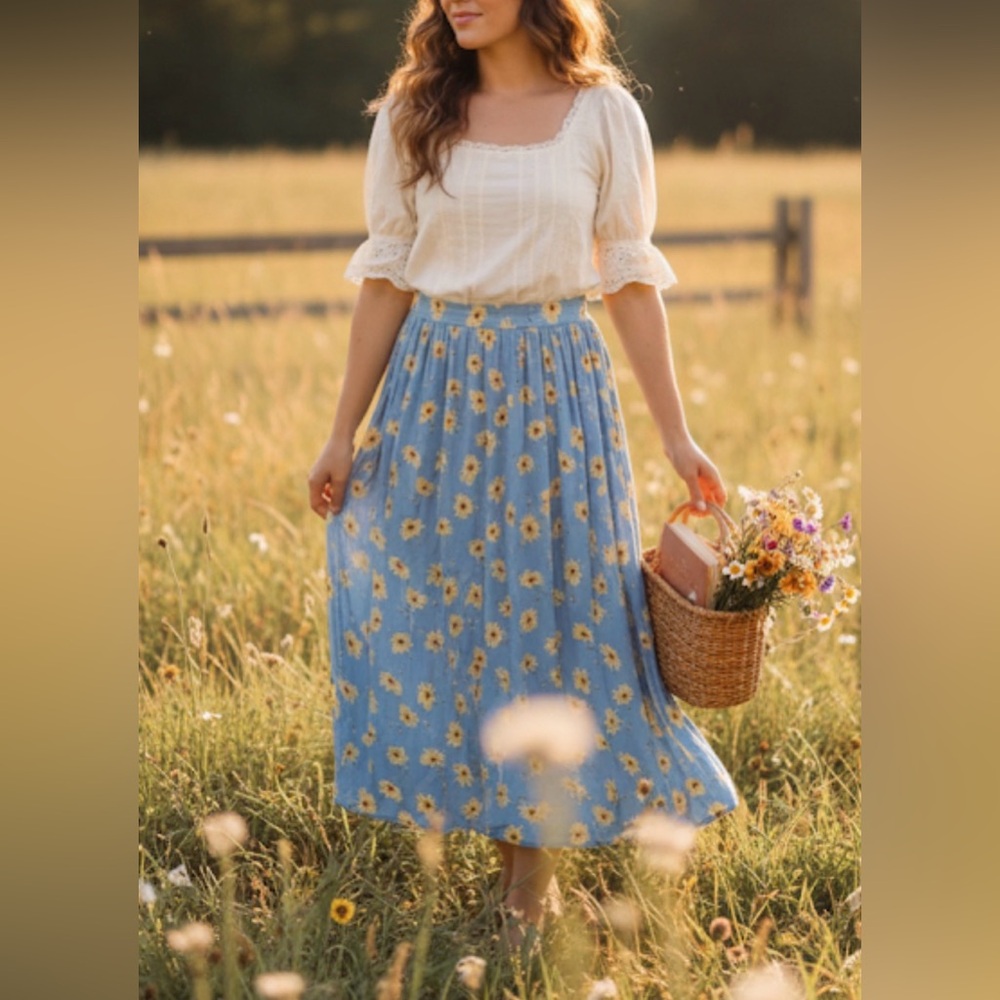 Phily RAYON Floral Blue Maxi Skirt M UTILITY CASUAL COTTAGECORE Fairycore Boho